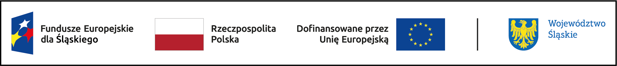 Logo Fundusze Europejskie dla Śląskiego, flaga Polski, flaga UE, godło Województwa Śląskiego