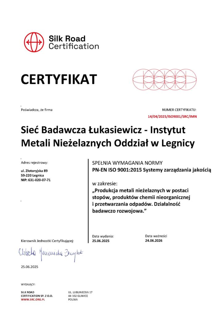 Certyfikat IMN 9001 z 2025 r.
