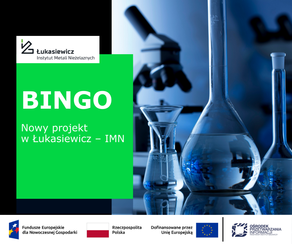 Logo instytutu, sprzęt laboratoryjny, tytuł projektu, logotypy instytucji finansującej