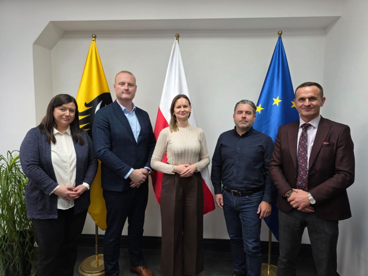 Dwie kobiety i trzech mężczyzn biorących udział w spotkaniu. Zdjęcie na tle fal UE, Polski i Województwa Dolnośląskiego