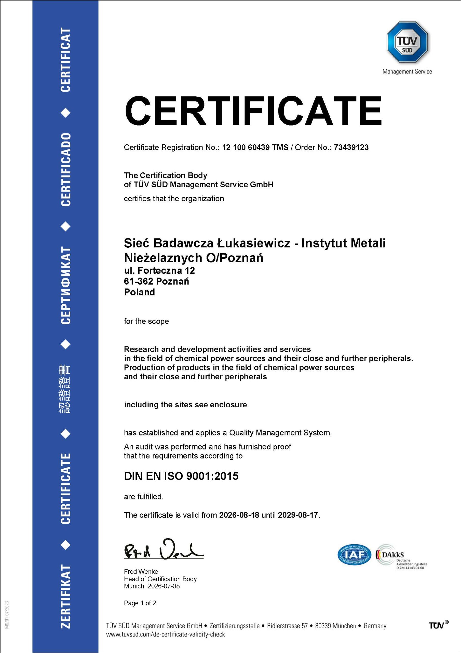 ISO 9001 certificate valid up to 18.08.2029