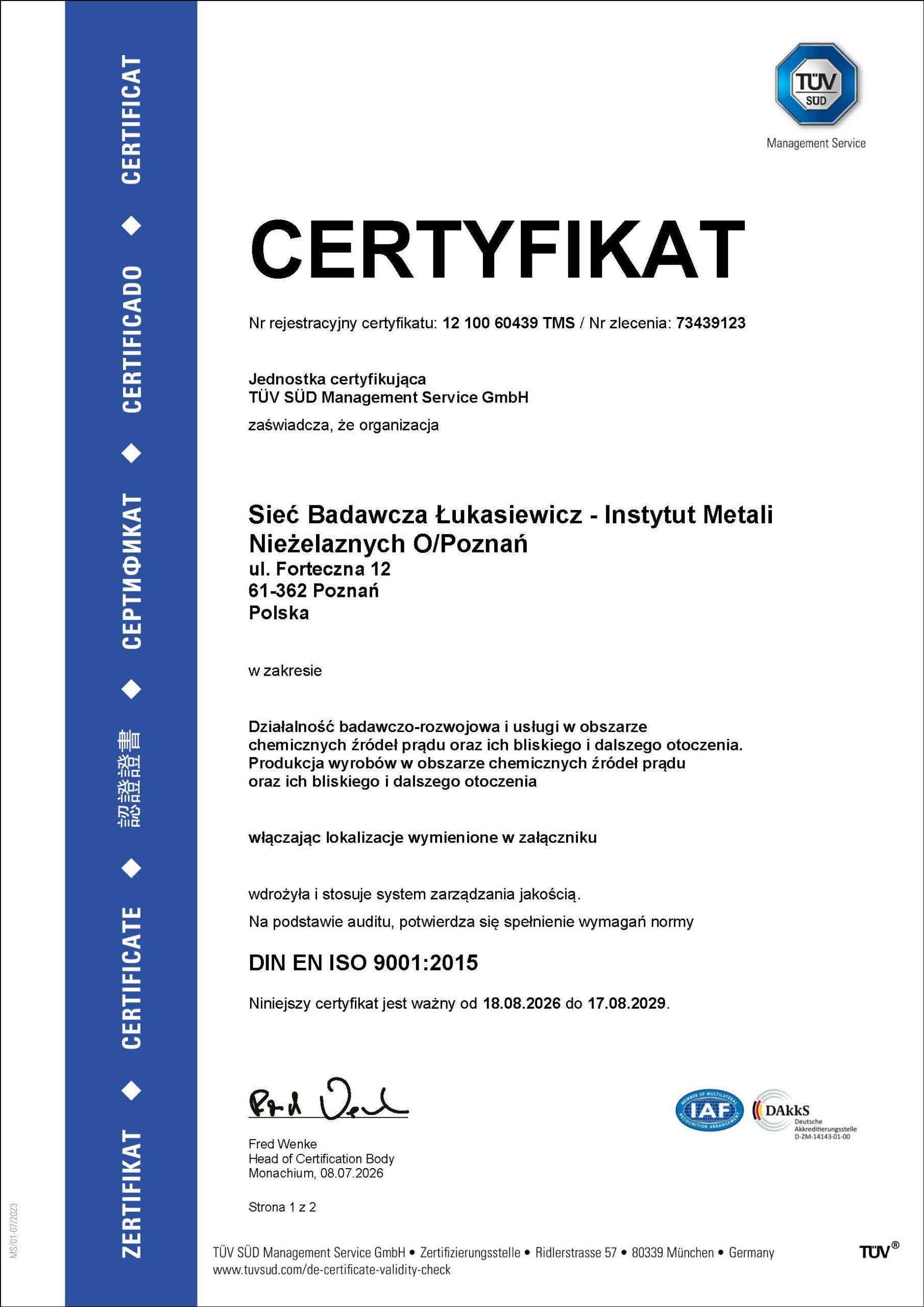 Certyfikat ISO 9001 ważny do 18.07.2029